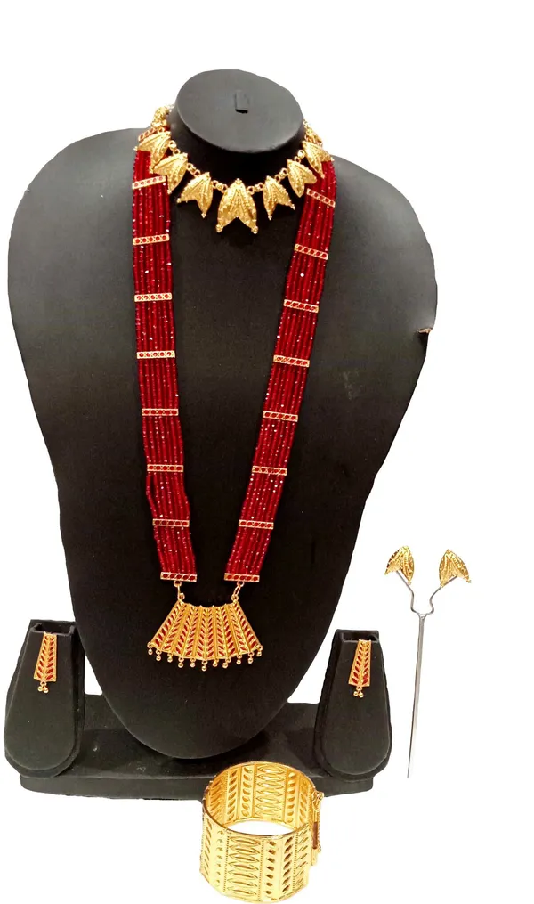 Assamese_Traditional_Gold_Plated_Red_Colour_Combo_Jewellery_Set_For_Women